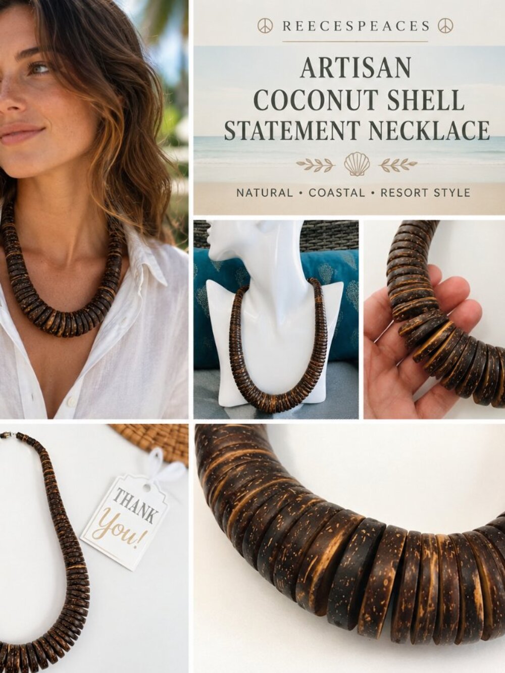 ARTISAN COCONUT SHELL STATEMENT NECKLACE | Coastal Resort Natural Jewelry